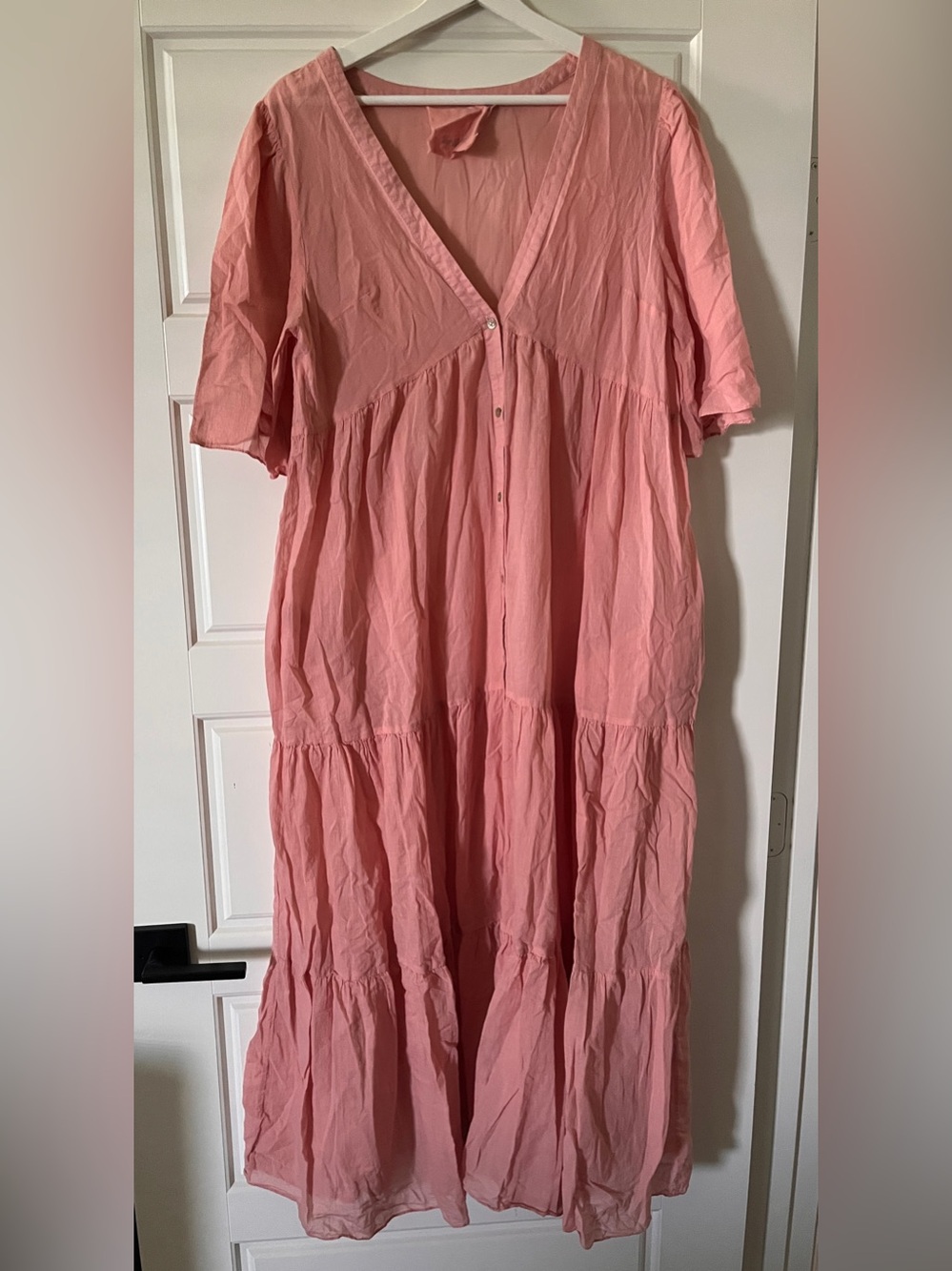 Loup Charmant Blush Pink Tiered V-Neck Button-Front Maxi Dress